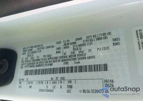 2024 Ford F-150 Lariat из США, поврежденный, VIN 1FTFW5L50RFC13196